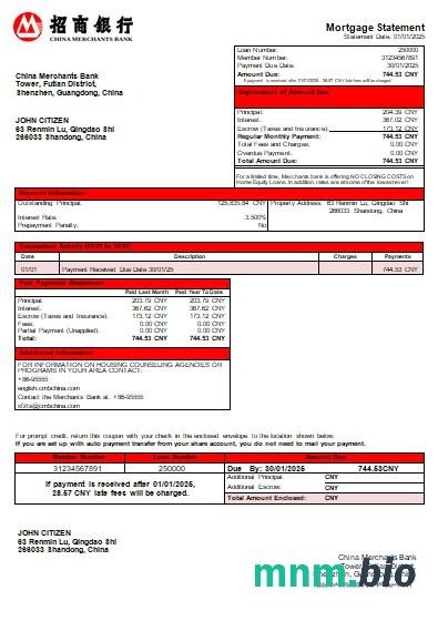 Chiny Bank Merchants wyciąg z kredytu hipotecznego szablon Word i PDF